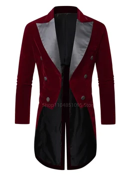 Black Velvet Tailcoat Suit Jacket Male Double Breasted Wedding Groom Tuxedo Peak Lapel Blazer Men Party Stage Prom Costume 5