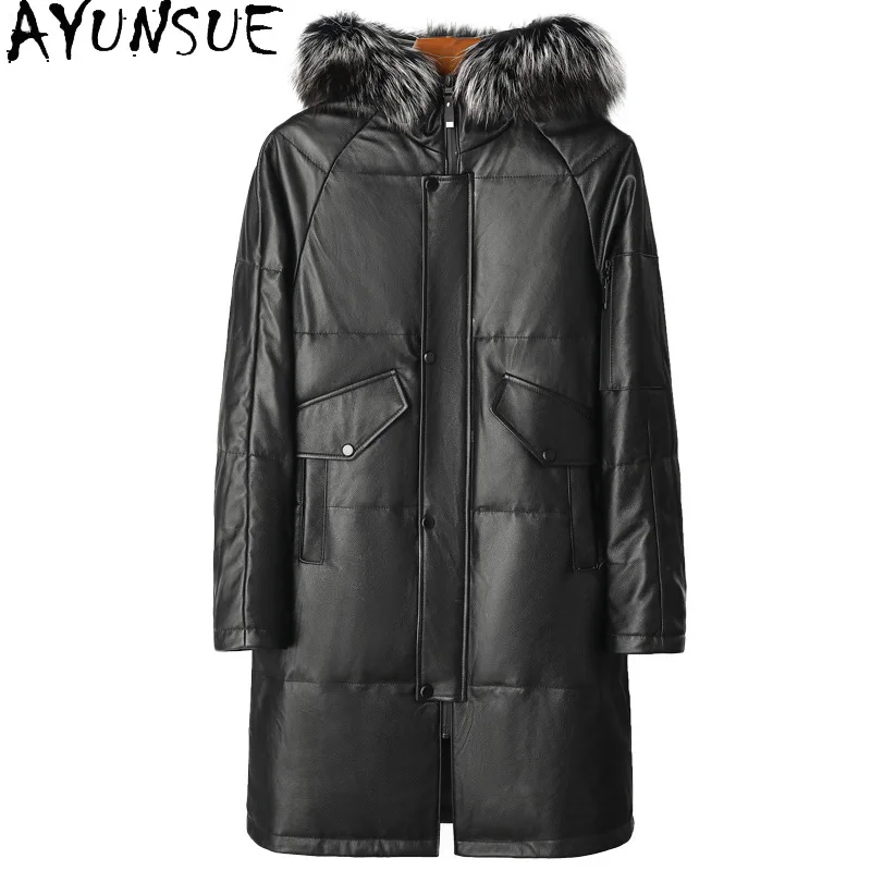 AYUNSUE New Genuine Leather Jacket Men Clothing Real Cowhide Jackets for Men Duck Down Leather Jacket Mid Length Мужская Одежда