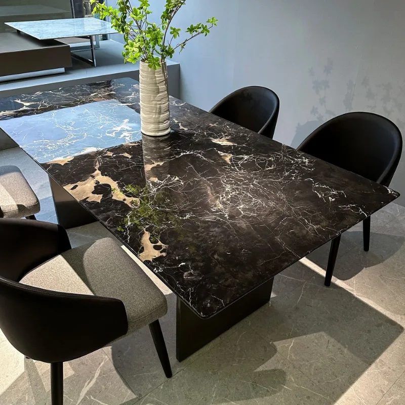 

Italian light luxury rectangular marble small apartment dining table, modern high-end villa, natural black rose luxury stone din