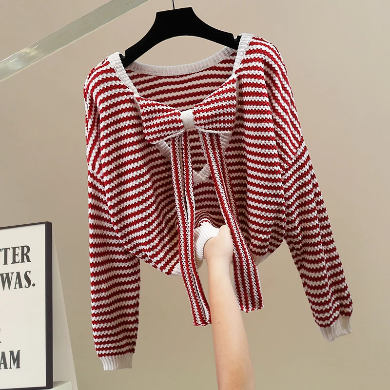 

Корейский свитер крупной вязки с длинными рукавами в полоску, свободный крой, модный, осенний, незаменимый, с круглым вырезом, гарантированное тепло
