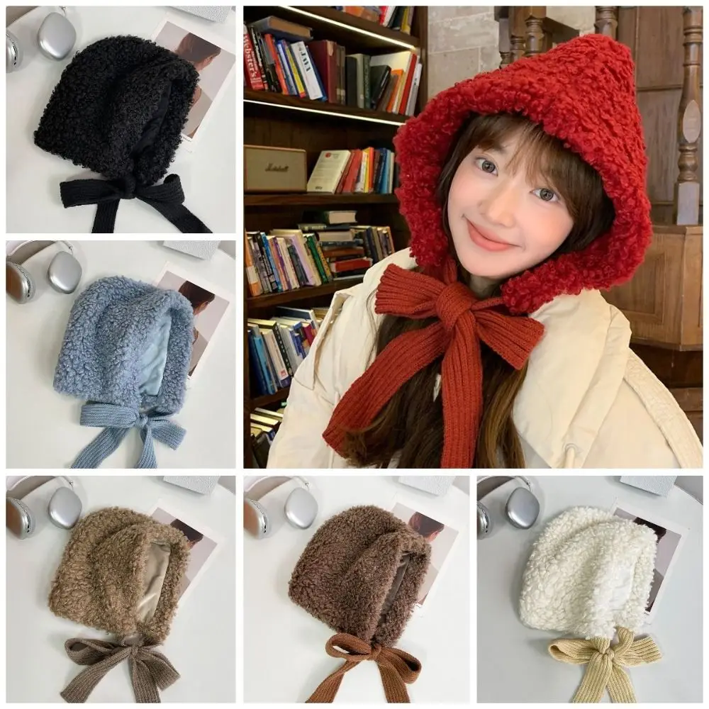 

Retro Thickened Ear Protective Hat Balaclava Windproof Winter Plush Beanies Solid Color Keep Warm Lamb Wool Cap Girls