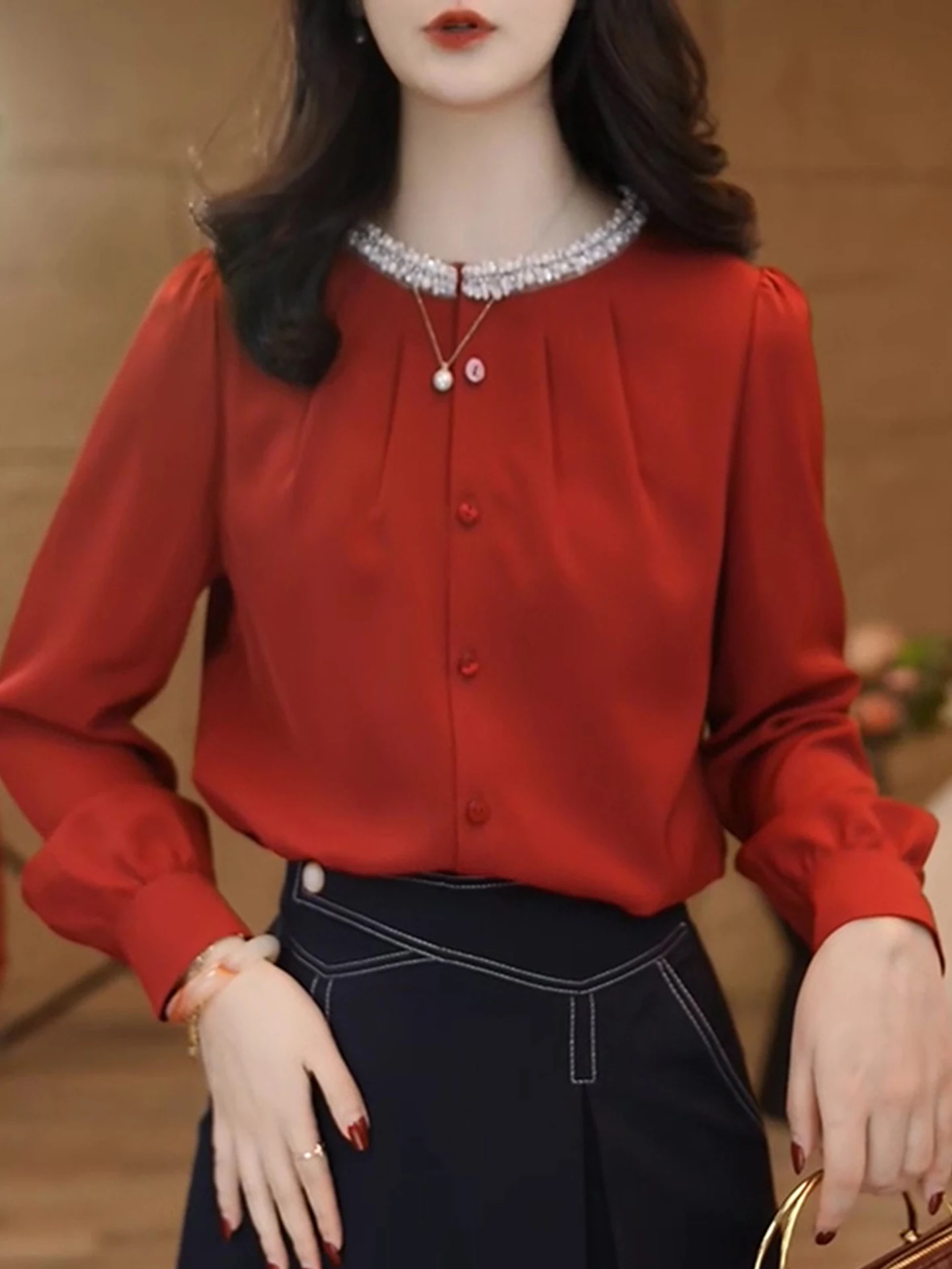 خريف Faion فريد من نوعه مستدير Ne Long Sve للنساء irt كاجوال Sle للتنحيف ودية للتنحيف مادة حريرية مريحة #4