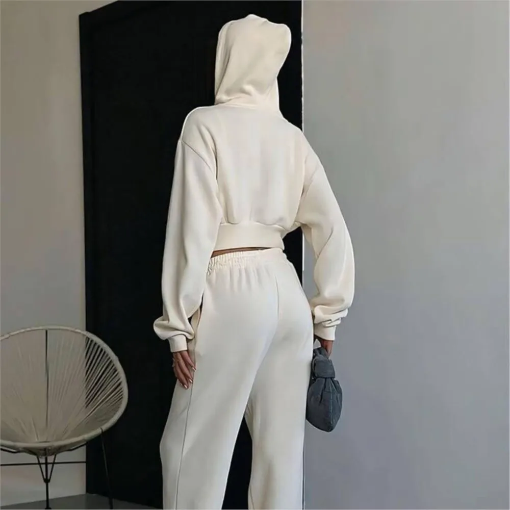 Casual Women's Suit Long-sleeved Zipper Hooded Sweatshirt Solid Color Lace-up Pants Two-piece Set Simple Style Commuting Trendy