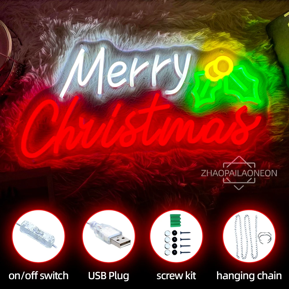 Merry Christmas Lights LED Neon Sign Home Room Decor Wall Hanging Happy New Year Neon Light Led Sign Christmas Tree Decoration