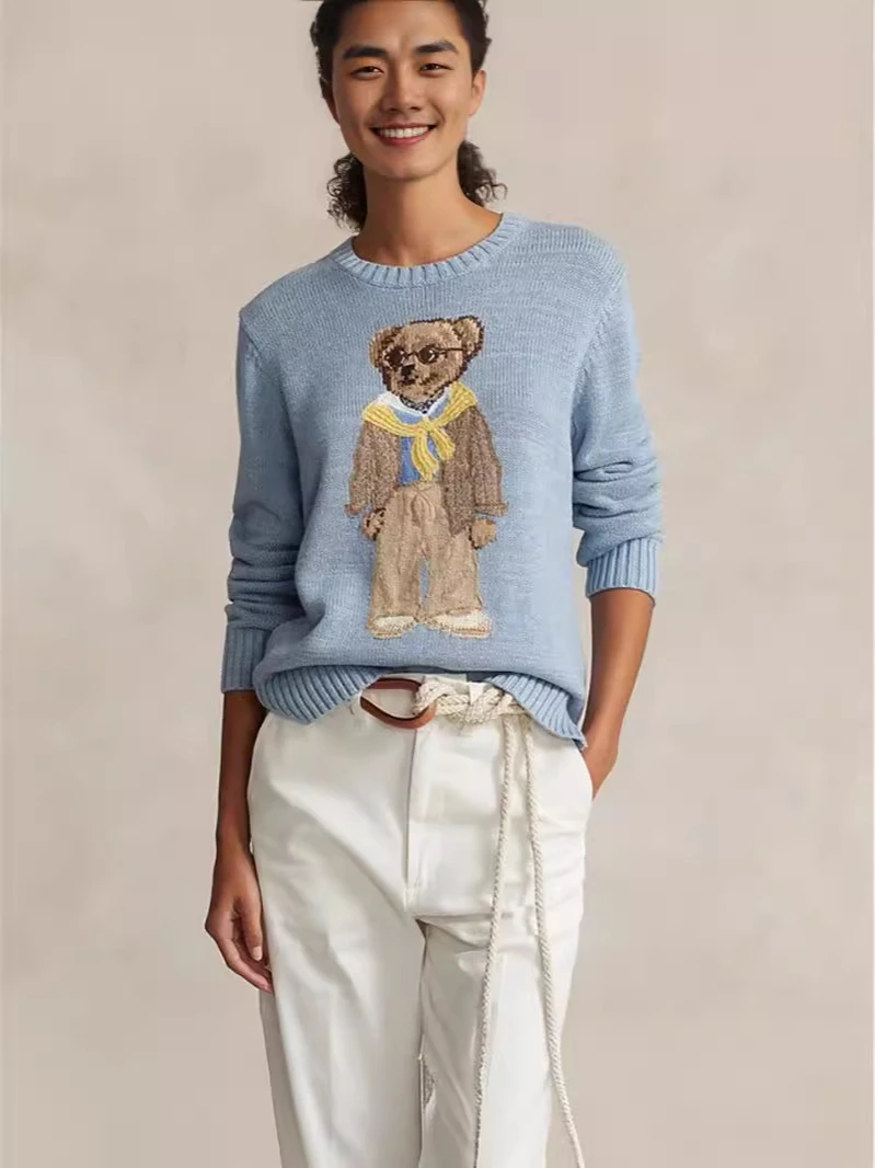 New autumn and winter classic embroidered sky blue simple yellow scarf, teddy bear knitted RL women's high-end versatile pullove