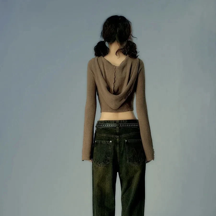 Vintage Embroidery Hooded Knitted Cardigan Women Hole Design Slim Fit Zipper Short Sweater Autumn Y2k Tops