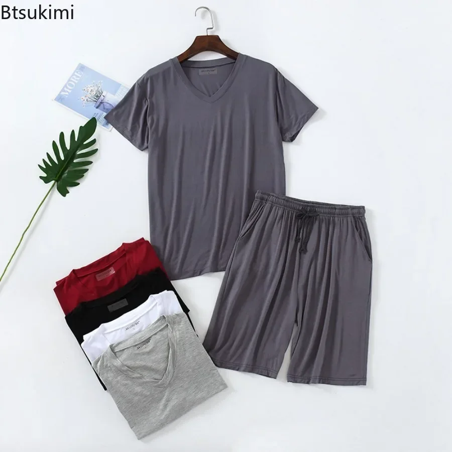 2025 Men's Summer Modal Pajamas Sets V-neck Short Sleeve Pulloves and Shorts Sets Homewear Male Soft Loose Thin Sleepwear Sets