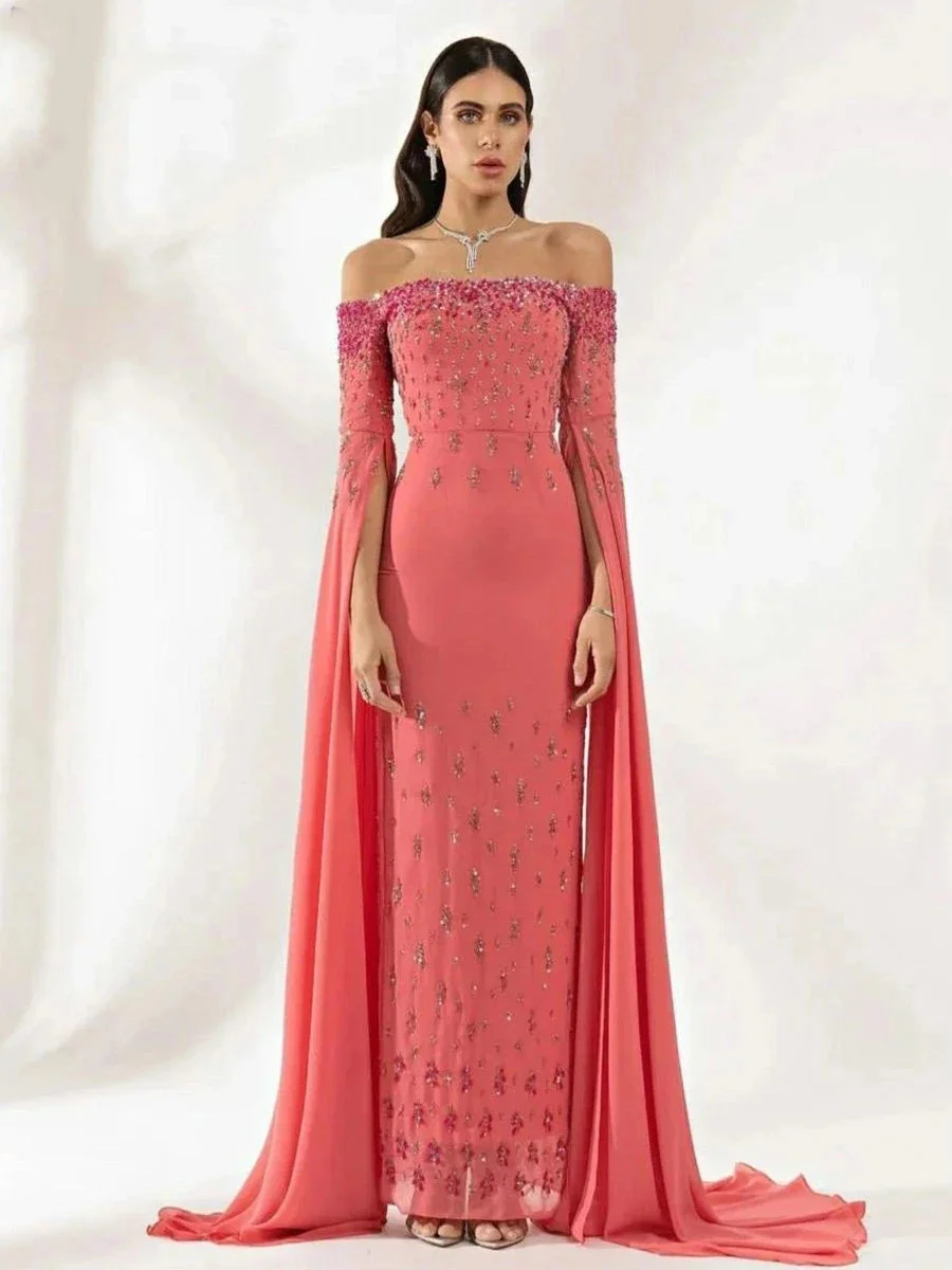 Watermelon Red Half Sleeve Sequined Beading Off The Shoulder Ribbons Woman Formal Wedding Guest Evening Prom Dresses Cocktail