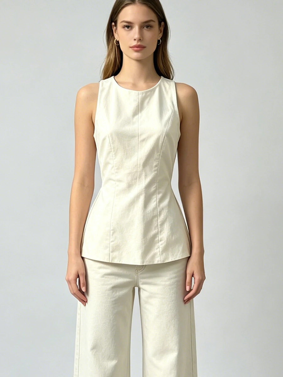 

LIMO Women Sleeveless Round Neck Waist Fitting Back Hollow Out Lace Up Elegant Slim Fit Linen Tank Top Fashion Casual Vest