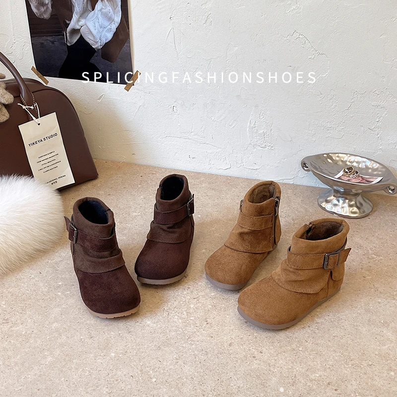 Autumn Girl's Boots Plush Zipper Suede Retro Kid's Flat Shoe Solid Colors Anti-slip Daily Trendy All-match Children Shoes 7-12Y
