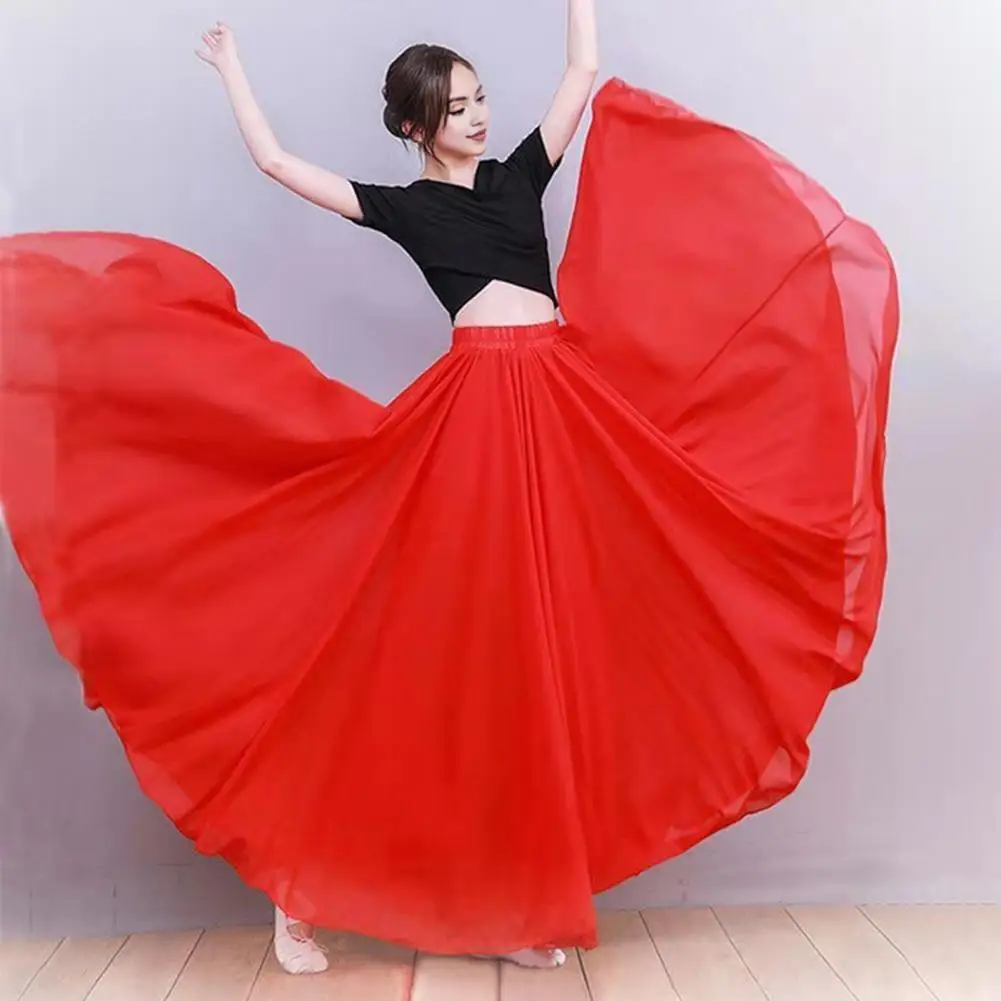 Chiffon Dance Skirt Flowy Chiffon Maxi Skirt for Women Double-layered Dancewear with 720 Degree Pull Solid Color Versatile Dance