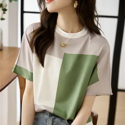 French Style Light Luxury Summer Women's Round Neck Patchwork Contrast Color Mulberry Silk Fashion Short Sleeve T-shirt Tops