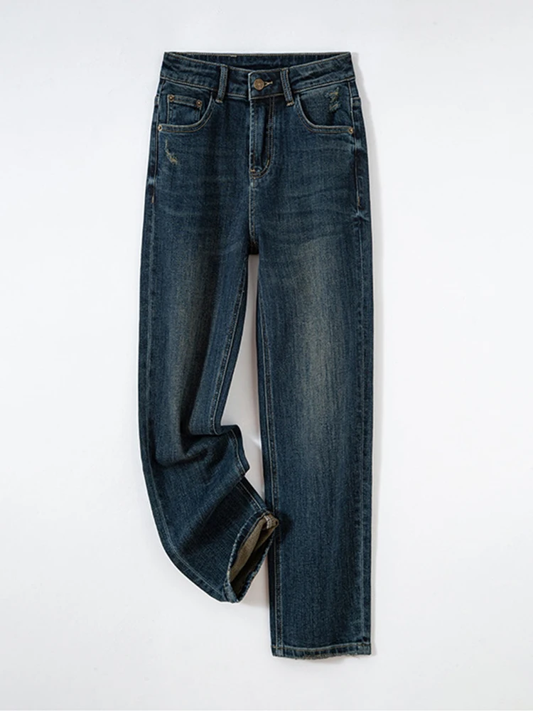 

Эластичные укороченные джинсы с прямыми штанинами, осень 2022, Новое поступление, синие элегантные и универсальные женские джинсы, потертые в стиле ретро