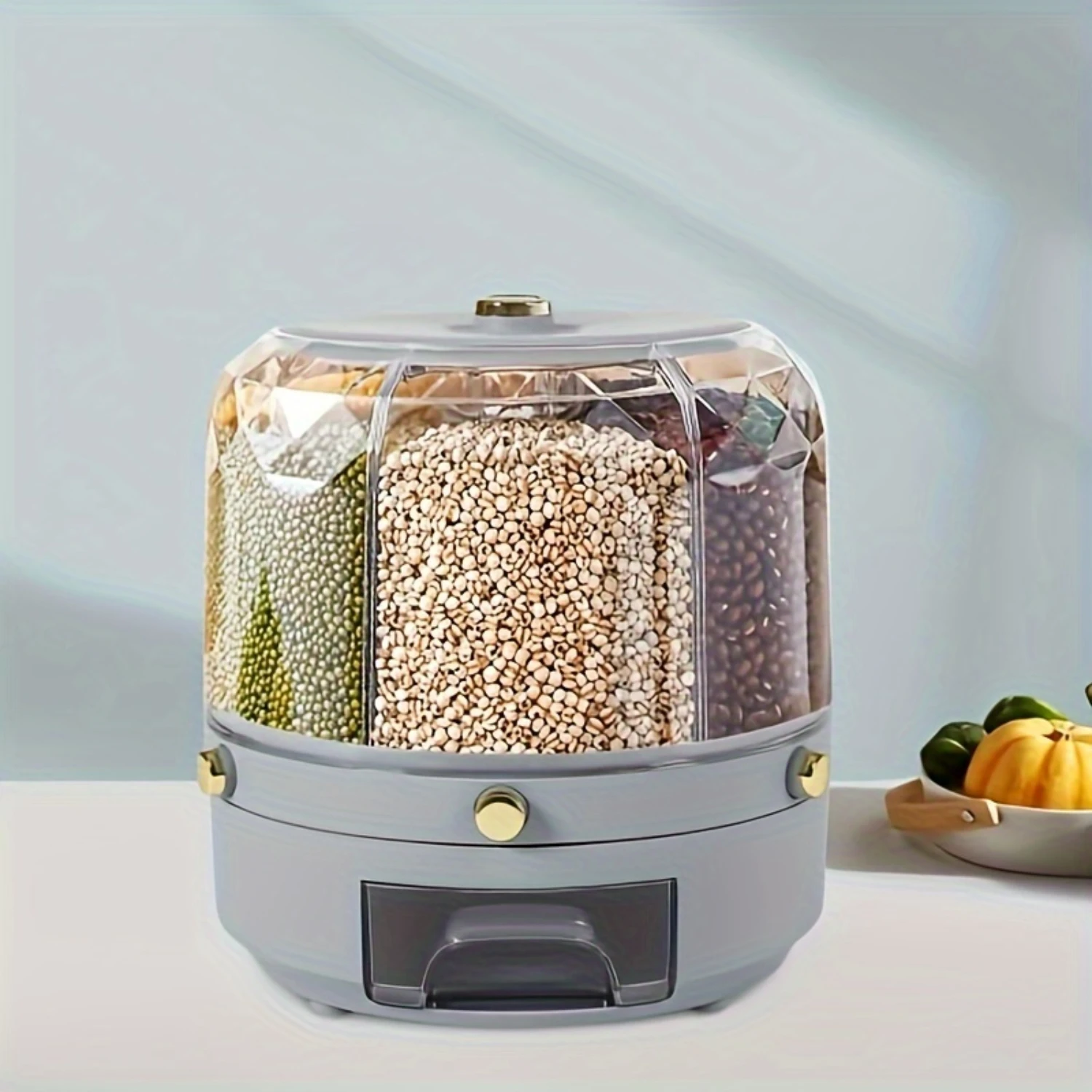 

Container, Large Capacity Durable Rice Dispenser, Multifunctional 6-Grid Rotating Food Sealed Tank, For Grain, Rice, Cereal And