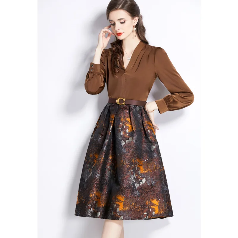 

#2396 High Waisted A-line Vintage Dress Women V-neck Office Split Joint Ladies Dresses Knee-length Retro Printed False Two Piece