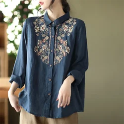 Retro Blouses For Women National Shirt Cotton Linen Shirt Loose Embroidered Blous Laple Long Sleeve Cardigan Top Female Shirts