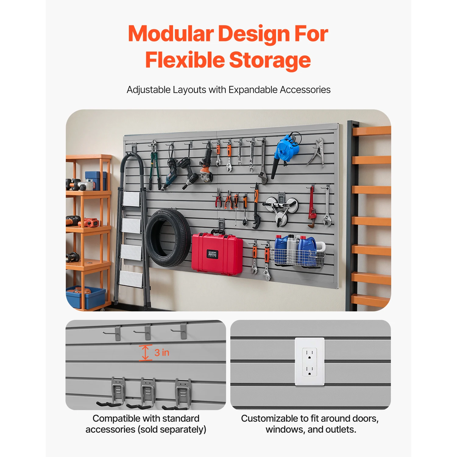 SucceBuy 8x4ft White/Grey Slat Wall Paneling PVC Garage Slatwall with Accessories Adjustable Tool Storage Panel Fits for Display