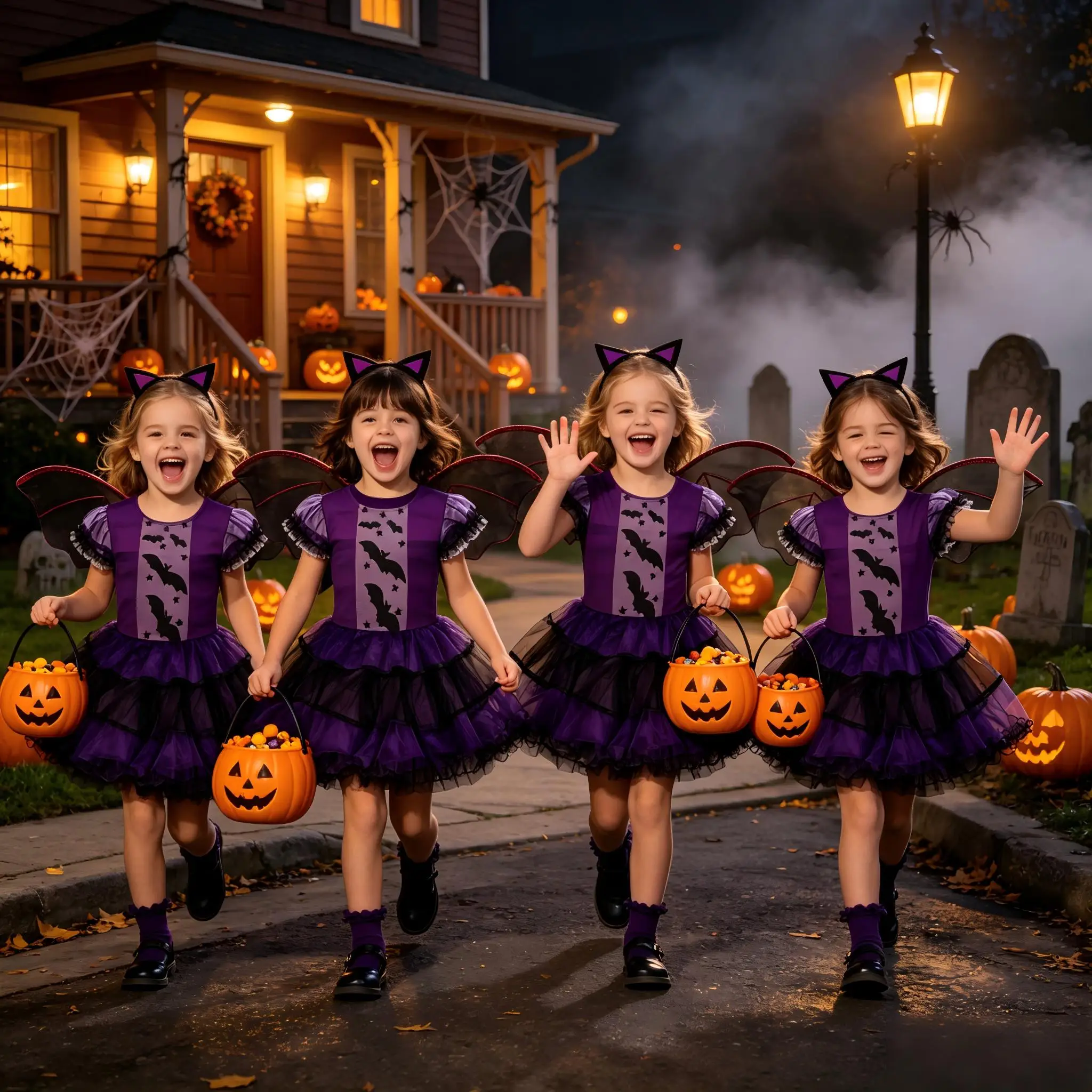 Girls Vampire Bat Cosplay Tutu Dress Kids Role‑Play Costume Halloween Fancy Outfit with Wings Headband for Carnival Dress‑Up