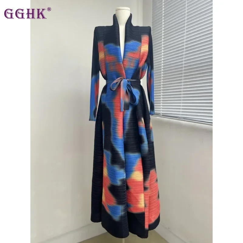 

GGHK Miyake Pleated Loose Plus Size Women Trench Coat Lapel Long Sleeve Cardigan Lace Up Design Long Jacket Female Luxury Robe