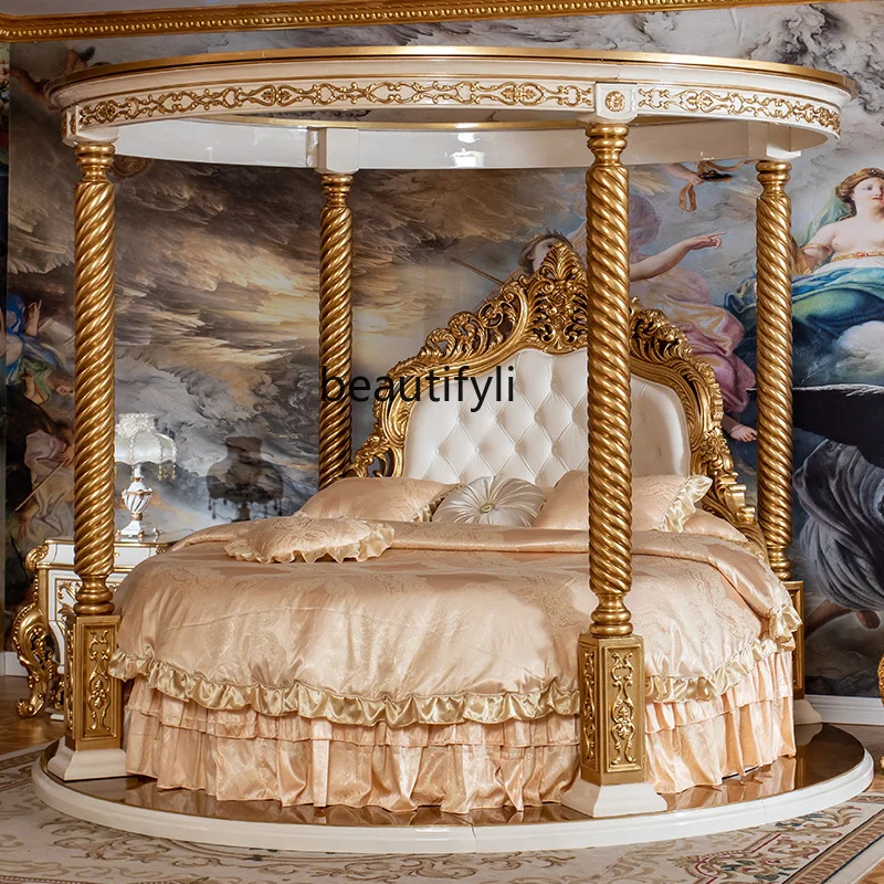 European Court Bed Solid Wood round  Villa French Wood Carved Leather  Master Bedroom Princess 1.8M Double Marriage Bed