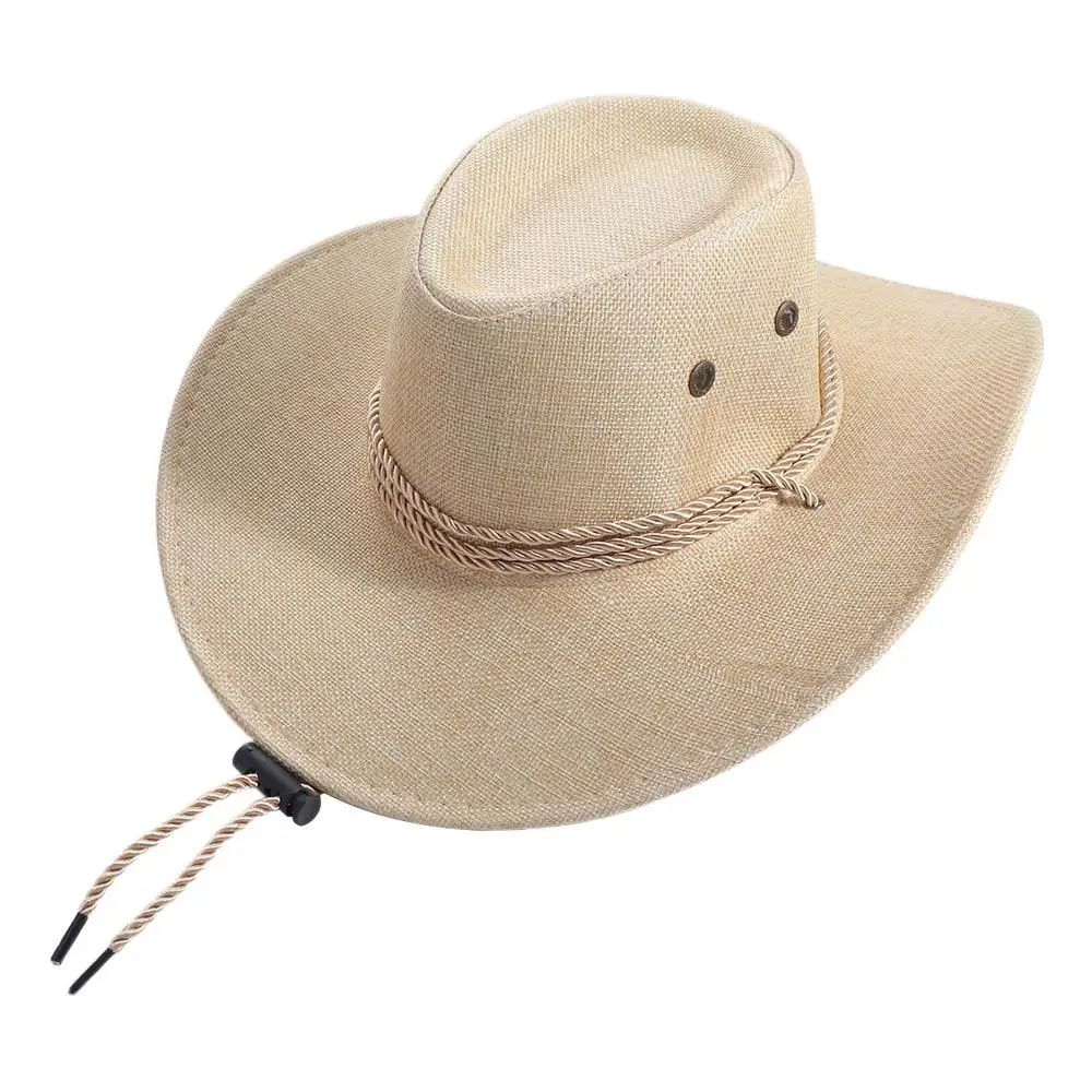 

Linen Western Cowboy Hat Wide Brim Climbing Hat Summer Sun Hat Outdoor Visor Cap Sun Protection Cap Beach Sunscreen Cap Holiday