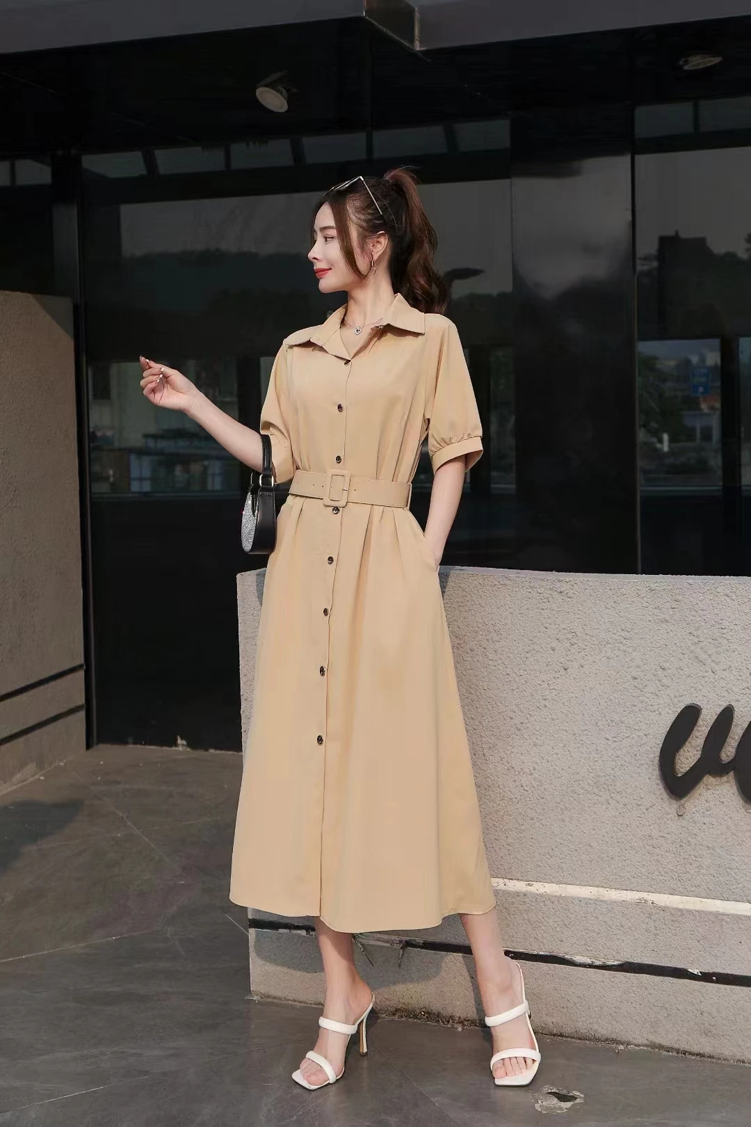 Summer Women Turn-down Collar Short Sleeve Belt Slim Long Dress Korean Fashion Big Hem Solid Color Single-breasted Office Dress image 6