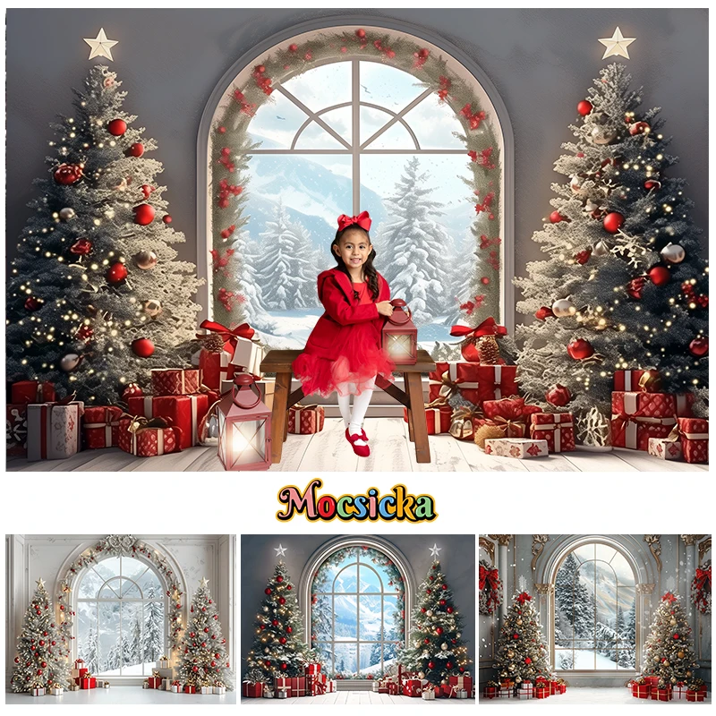 Mocsicka Winter Christmas Indoor Window Backdrop Kids Adult Photography Props Xmas Tree Gift Box Decor Photo Background Studio