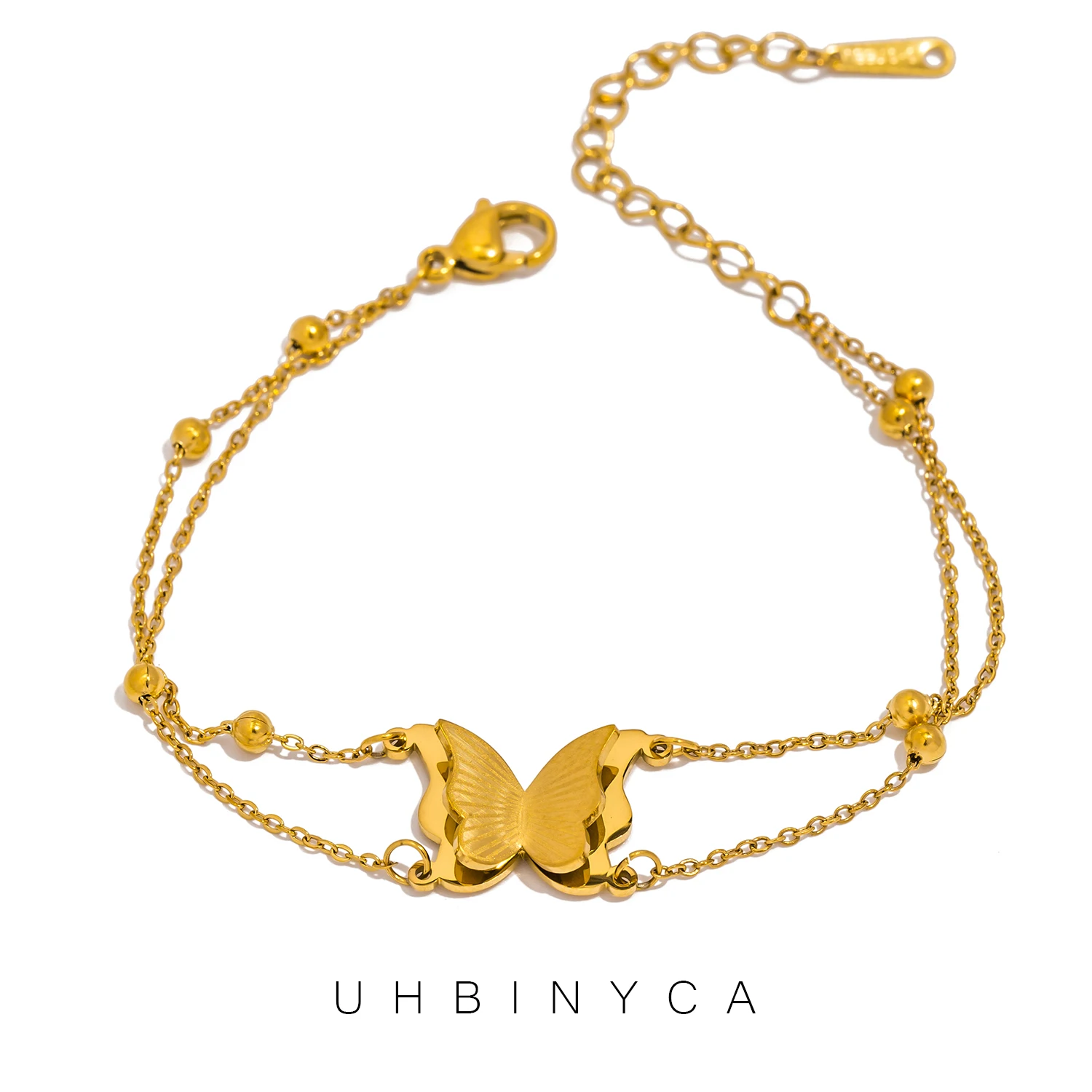 UHBINYCA Stainless Steel Bilayer Butterfly Bracelet for Women Chic Bead hand chain Girls Daily jewelry