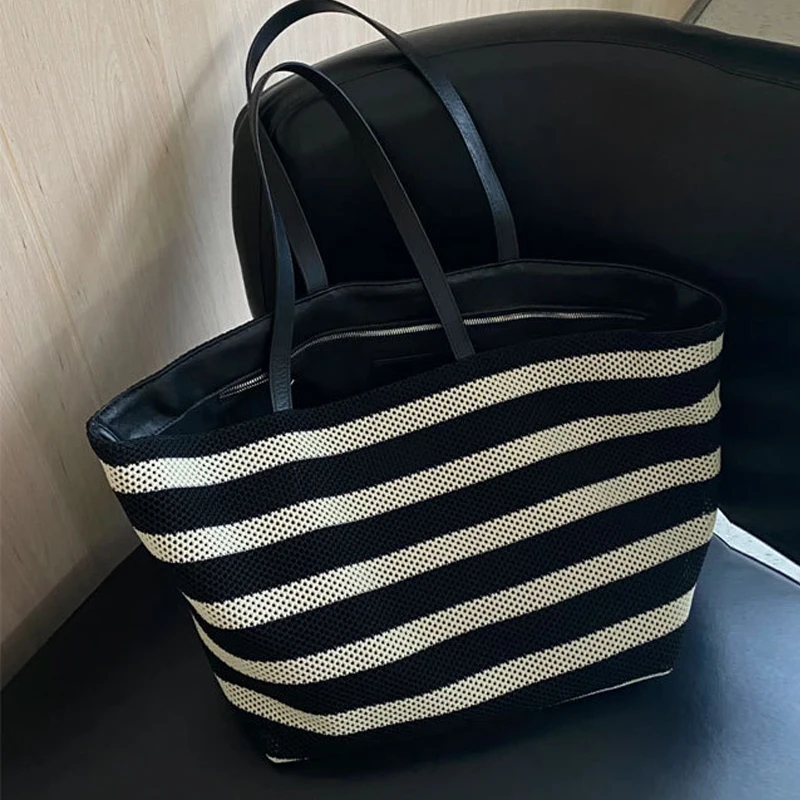 Stripes Mesh Tote Bag For Women Luxury Designer Handbag And Purse 2024 New In Casual Commuting Large Capacity Underarm Shoulder