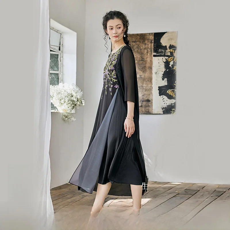 

Elegant Printed Slimming A-Line Dress Spring 2025 Women's Fashion Floral Skirt Panel Detail Polyester Chiffon Midi Dress