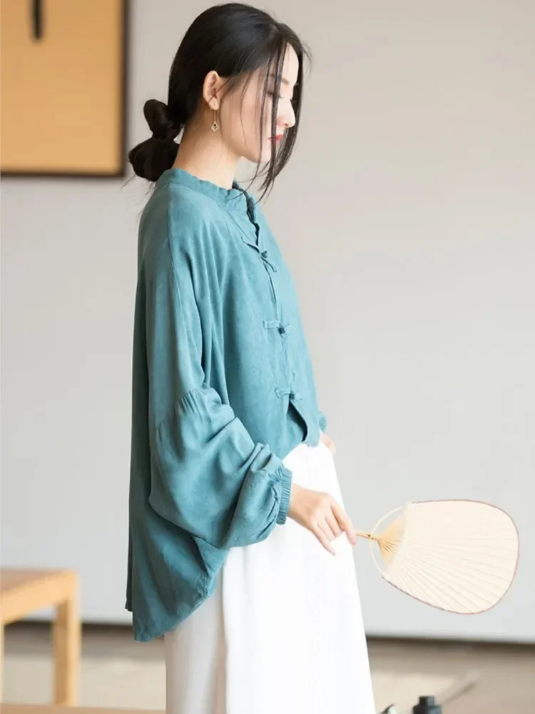 Johnature Women Chinese Style Shirts And Tops Stand Solid Color Button Blouses Long Sleeve Women Clothes 2024 Spring New Shirts