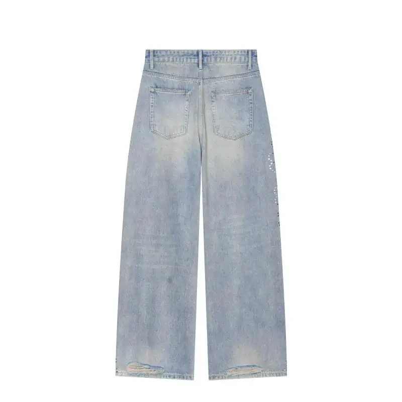 Withered American Old School Women's Jeans Woman Clothes Fashion Perforated Rivet Decoration Wide Leg Jeans Women's Denim Pants