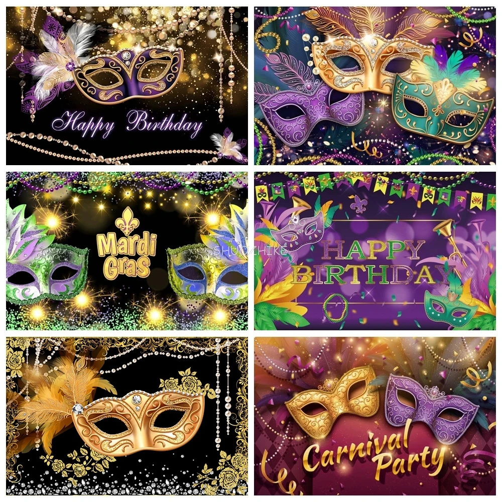 

Mardi Gras Photography Backdrop Gold Glitter Mask Carnival Masquerade Dance Birthday Party Decor Background Photo Studio