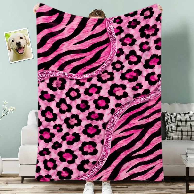 Pink Black Zebra Leopard Patchwork Glitter Fleece Blanket For Glam Bedroom Decor Lightweight Plush Throw Blanket Drape