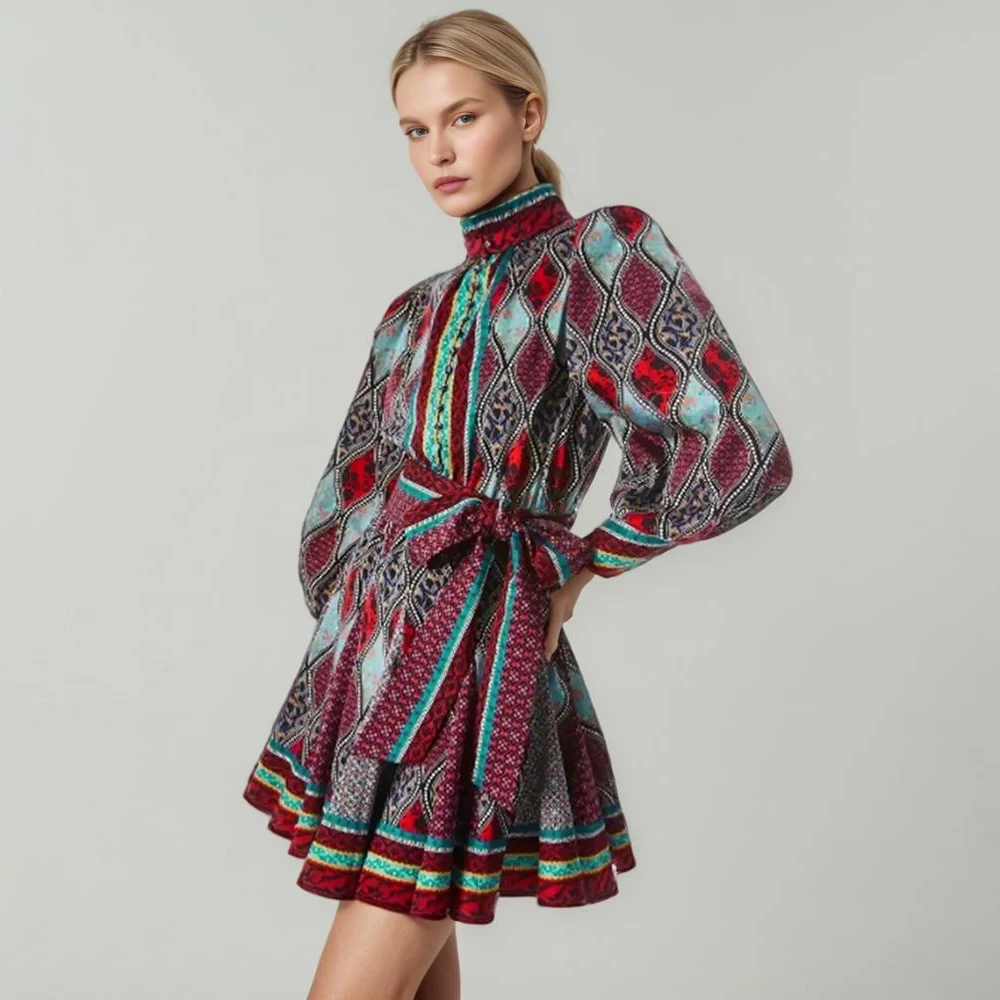 

Платье женское лоскутное с воротником-стойкой, длинным рукавом и высокой талией