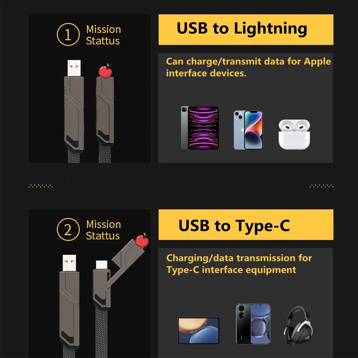 DteeDck 4 in 1 Fast Charging Cable USB A to 8Pin Cable for iPhone 12Pro Max 13 14 USB C to Type C Wire For Samsung Xiaomi OPPO