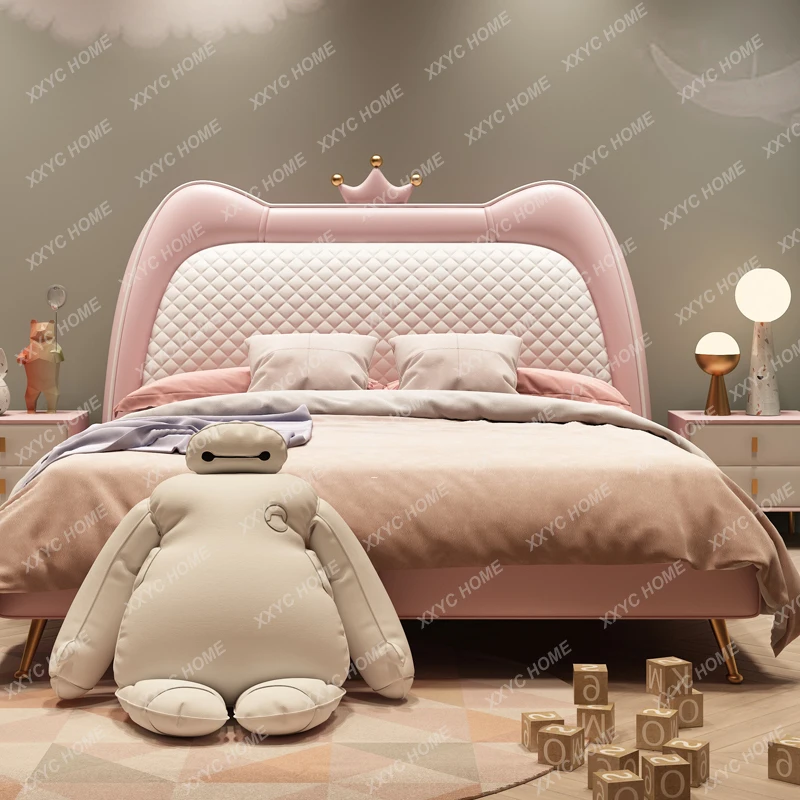 Girl Bed Crown Pink Girl Room Dream Girl Bed Light Luxury Cat Ears Leather Bed