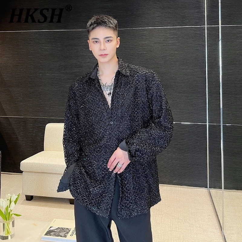 

HKSH Spring Autumn New Personalized Mesh Double-layer Fabric Lapel Men's Tide Shirt Trend Nightclub Hairdresser Top Dark HK0017