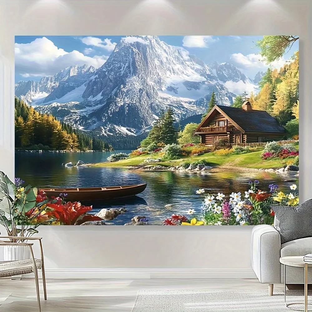 Mountain Lake Tapestry, Cozy Cabin by Serene Lake with Snowy Peaks, Scenic Landscape Wall Hanging for Home Dorm Background