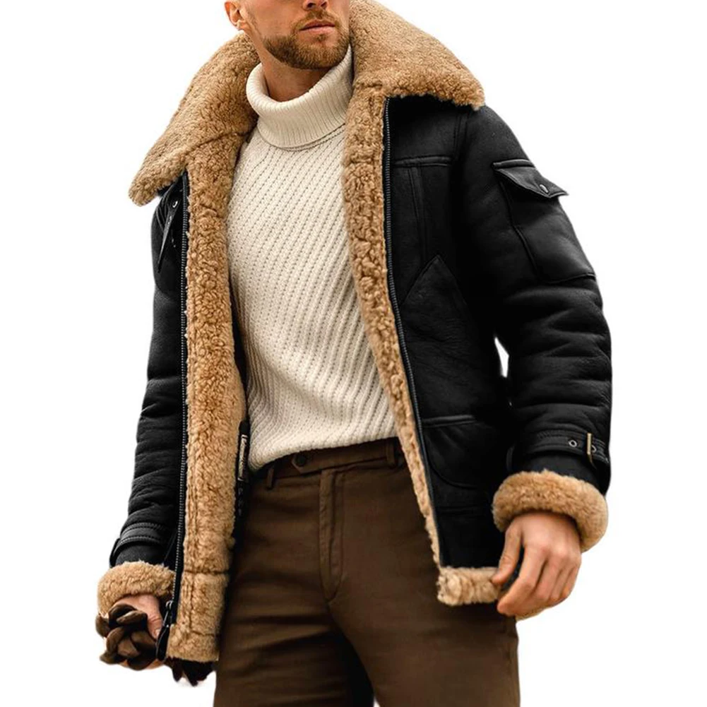 All in One Winter Men\'s Thickened Imitation Leather Jacket with Casual Lapel Neckline and Long Sleeves for Spring to Winter Use