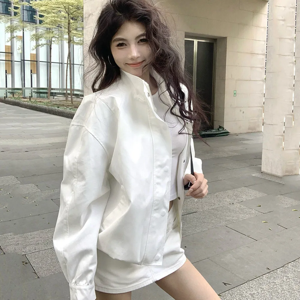 Streetwear White Jacket Women Y2K Long Sleeve Khaki Stand Collar Coat Autumn Korean Fashion Zipper Temperament Windbreak Tops