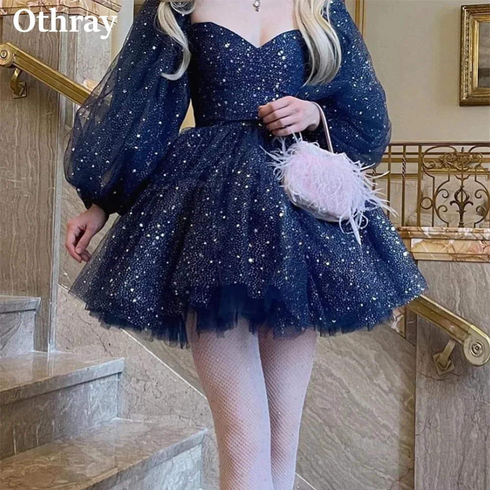 Othray Glitter Navy Short Prom Dresses Puff Long Sleeves Mini Length Tutu Skirt Girl Homecoming Gowns Vestidos De Noche