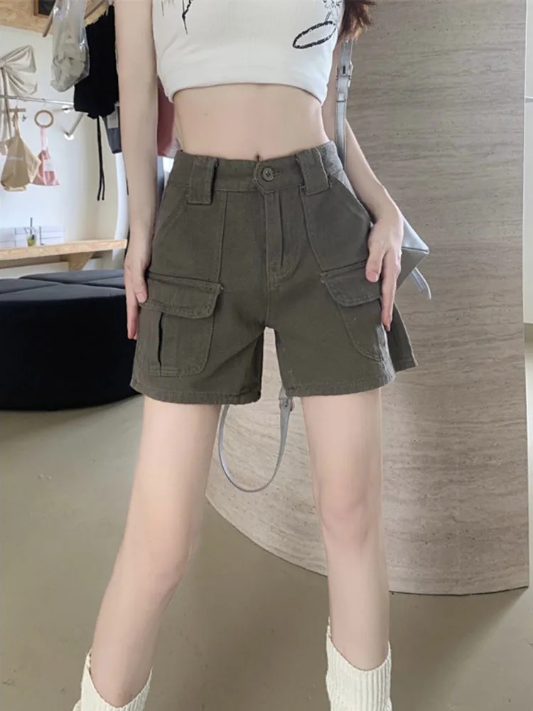 

Vintage Pocket Patchwork Cargo Shorts Women Harajuku High Waist Denim Short Streetwear Solid Bodycon Bottoms Chic