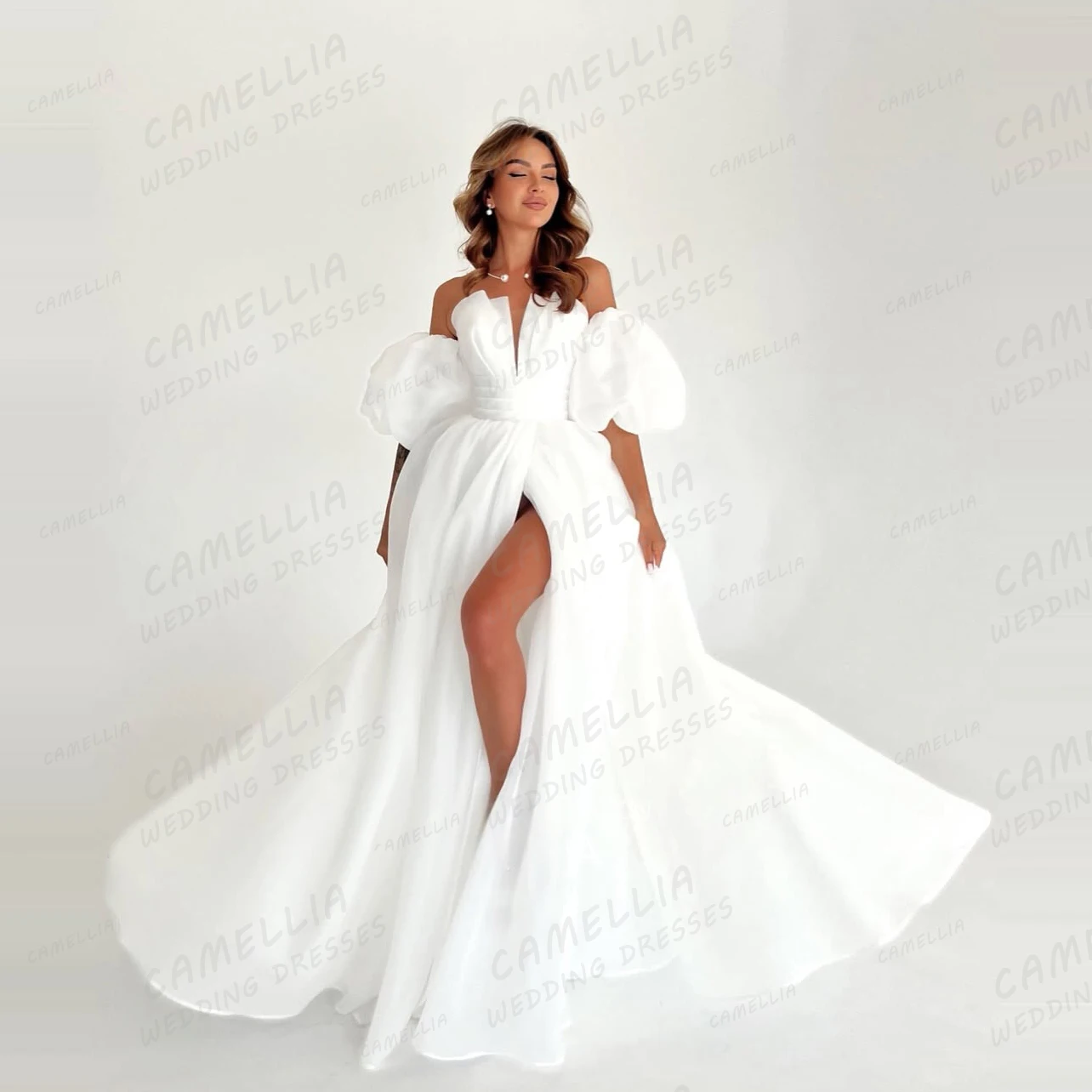 

Simple Wedding Dresses Women's A Line Short Sleeve Elegant Split Bridal Gowns Formal Vestidos De Novia Customized فساتين