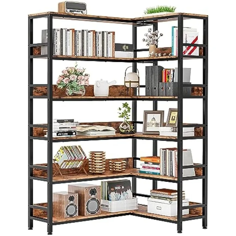 Industrial Bookshelves 6 Tiers Corner Bookcases with Baffles Shelf Storage Rack Metal Frame for Living Room Home Office