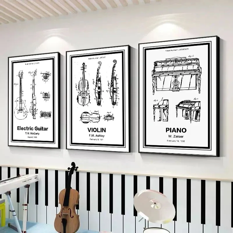 Musical Instrument Patents Posters Canvas Painting Guitar Saxophone Boombox Video Game Machine Wall Art Room Home Decor