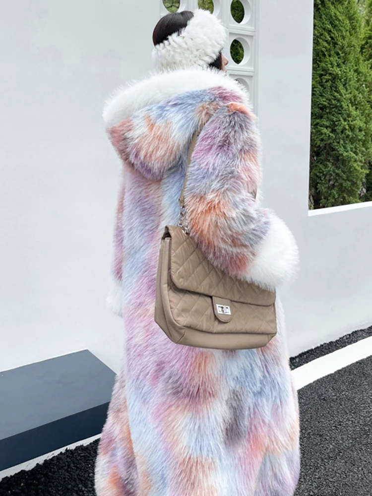 DEAT Fashion Tie Dye Pink Faux Fur Coat Women\'s Hooded Loose Long Sleeve Thick Plush Overcoat Winter 2024 New Tide 7AB6313