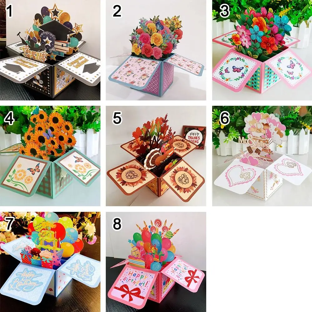 3D Pop Up Greeting Cards Birthday Postcard 3D Box Bouquet Flower Greeting Cards Thank You Girlfriend Teacher Gift