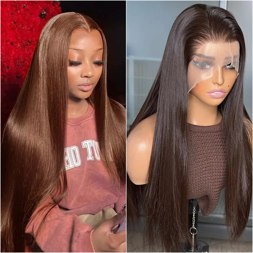 

200 Density #4 Chocolate Brown Straight Lace Front Wig 13x4 13x6 HD Transparent Lace Frontal Human Hair Wigs For Women