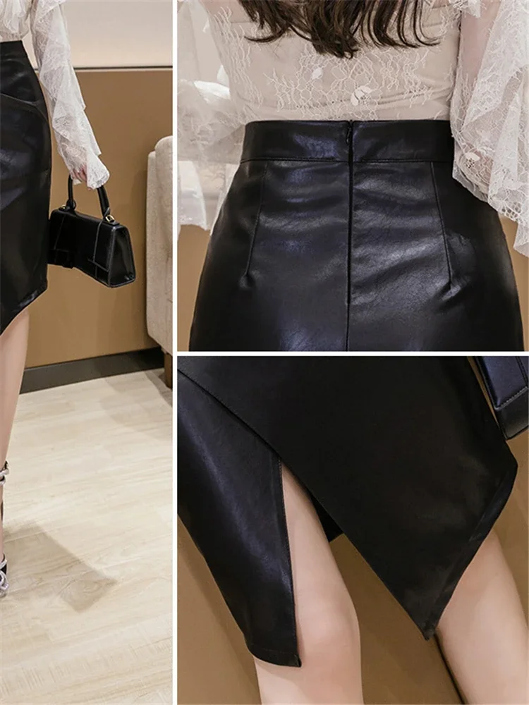 REALEFT 2023 New Women\'s PU Leather Skirt Fashion Office Ladies Irregualer High Waist Slim Midi Length Women\'s Skirts Female